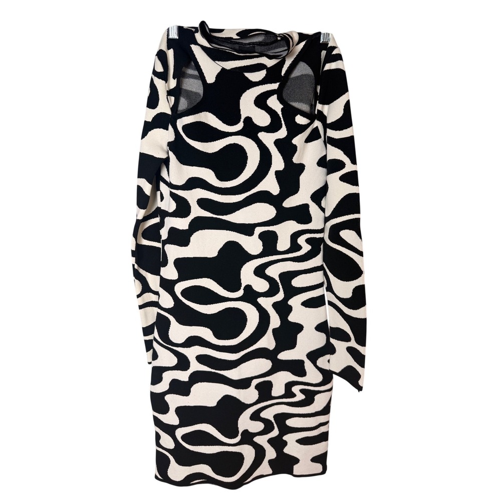 River Island Abstract Swirl Knit Bodycon Dress US 4 Black White Mesh Cutout